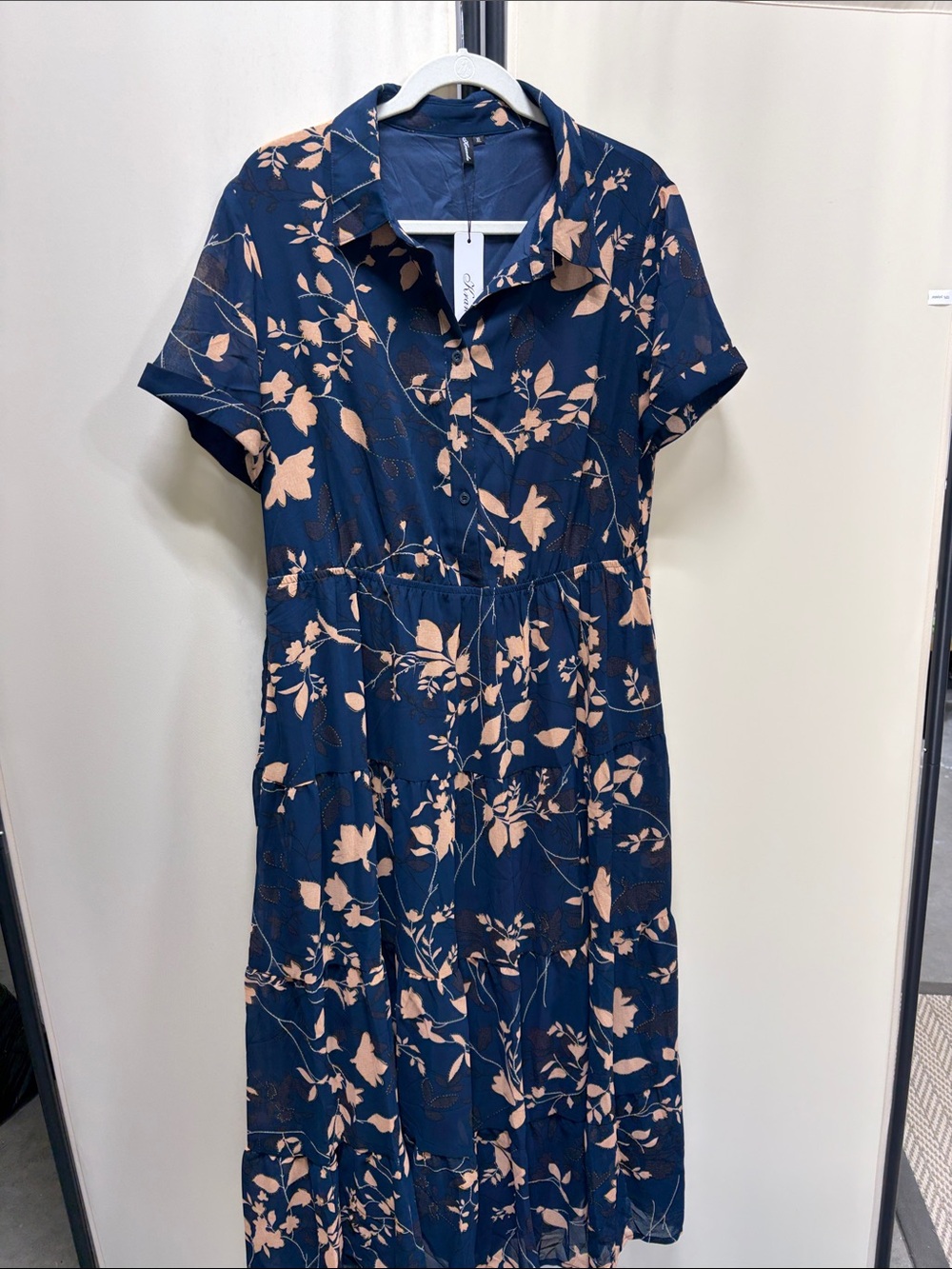 Classic Navy Floral Midi Shirt Dress with Blush Print